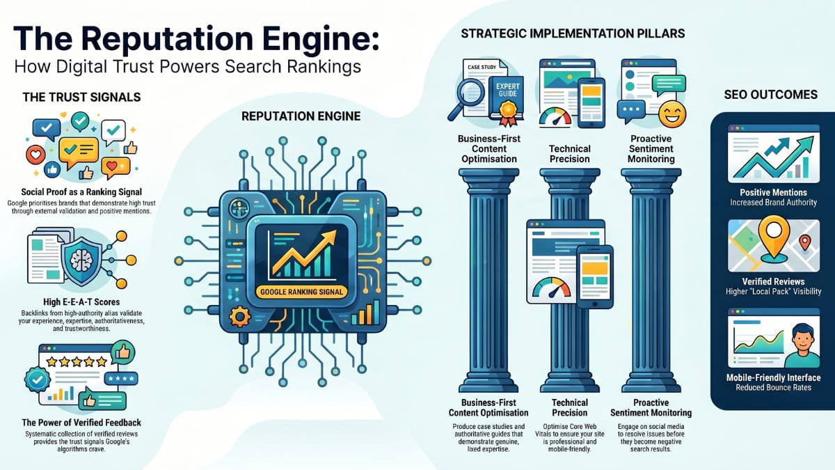 Diagram showing how online reputation management and content optimization feed Google search algorithms to boost brand rankings
