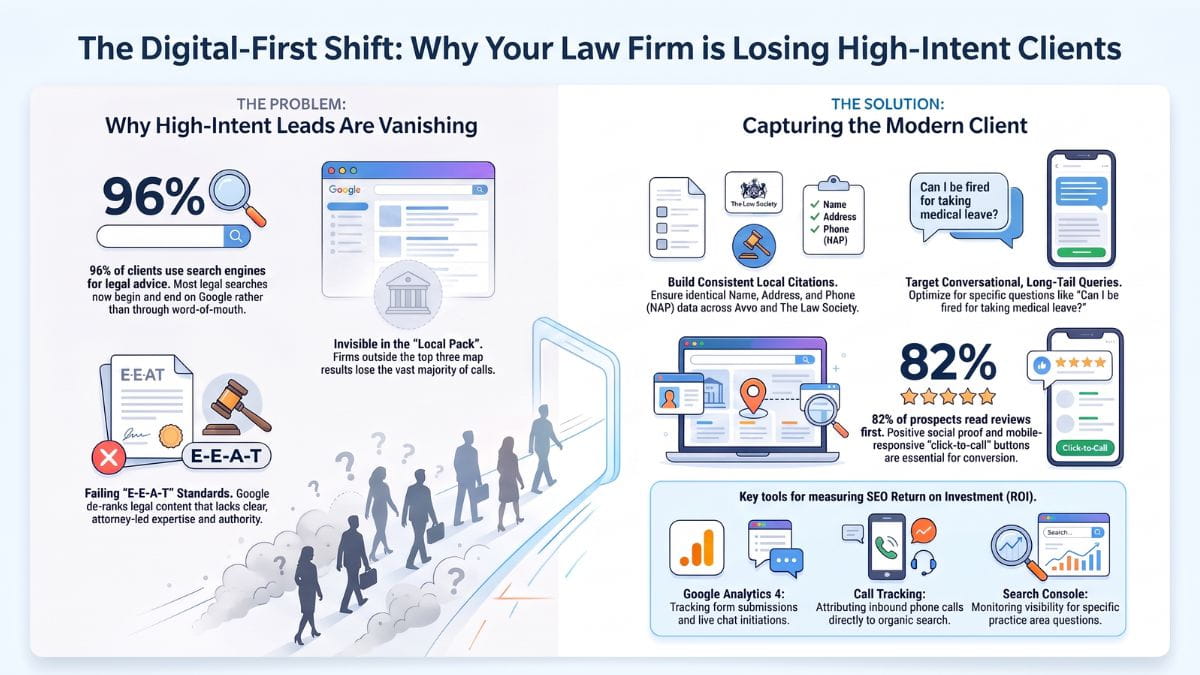 A modern smartphone displaying top Google search results for a local attorney, demonstrating the power of AI SEO and law firm seo trends.