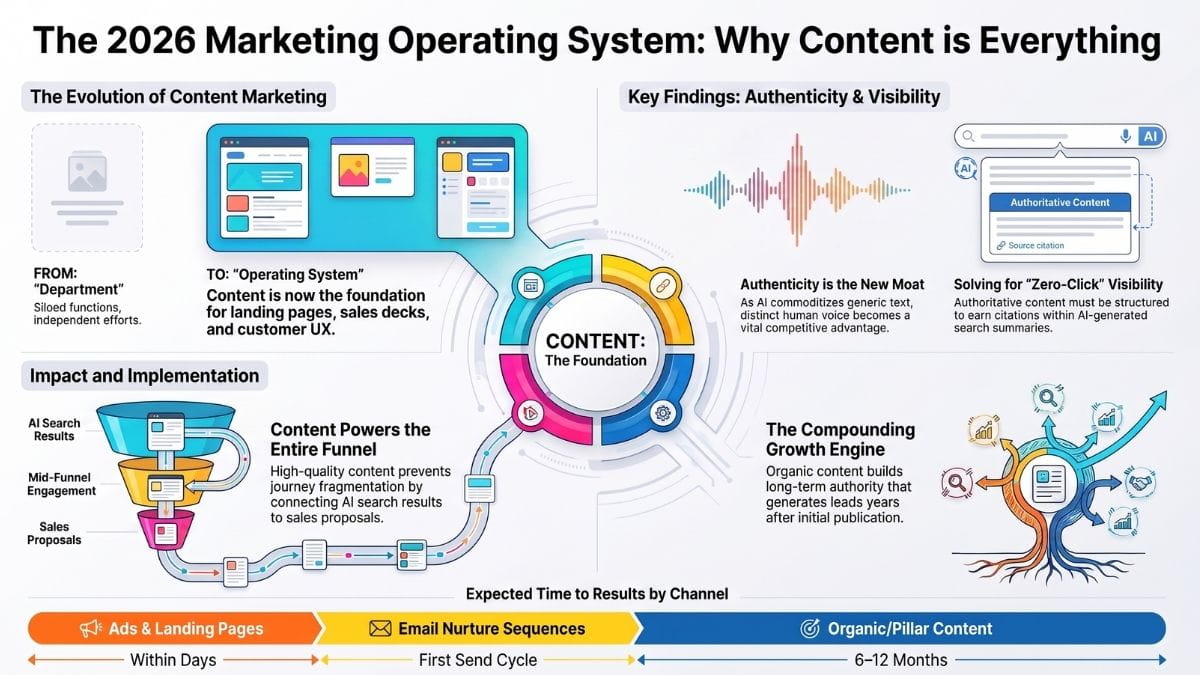 A data chart illustrating the long-term compounding impact of digital content marketing on business lead generation and brand awareness.